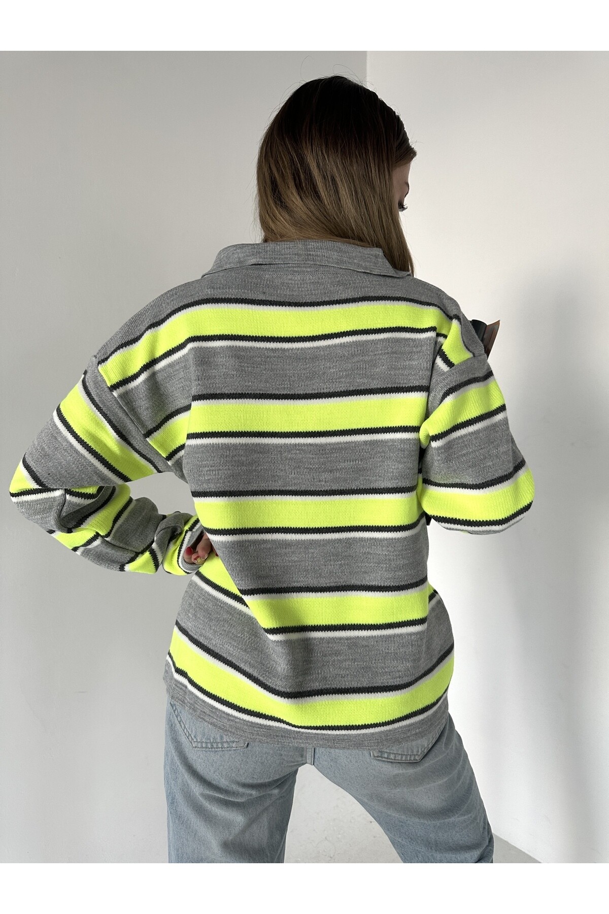 Kadın Polo Yaka Çizgili Triko Kazak Sarı