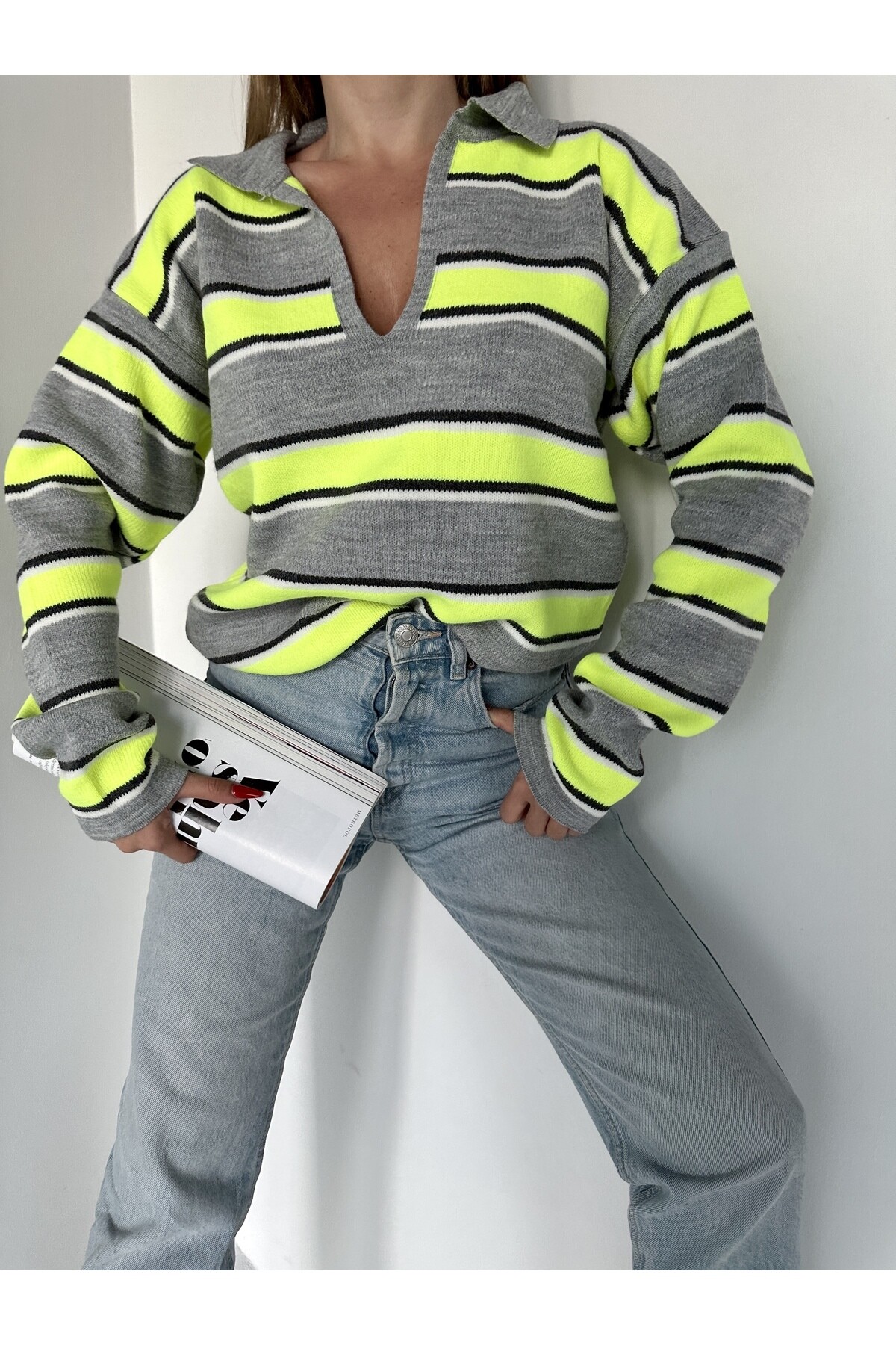 Kadın Polo Yaka Çizgili Triko Kazak Sarı
