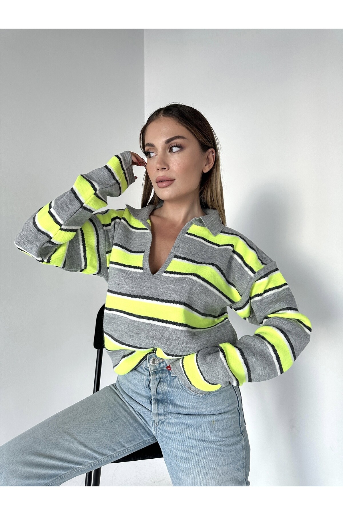 Kadın Polo Yaka Çizgili Triko Kazak Sarı