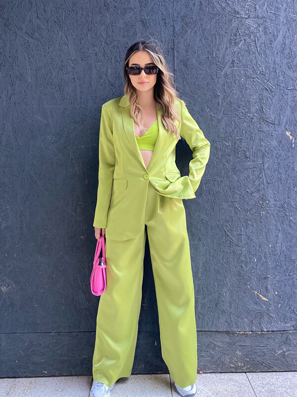 Kadın Saten Palazzo Pantolon Blazer Ceket Takım Açık Yeşil