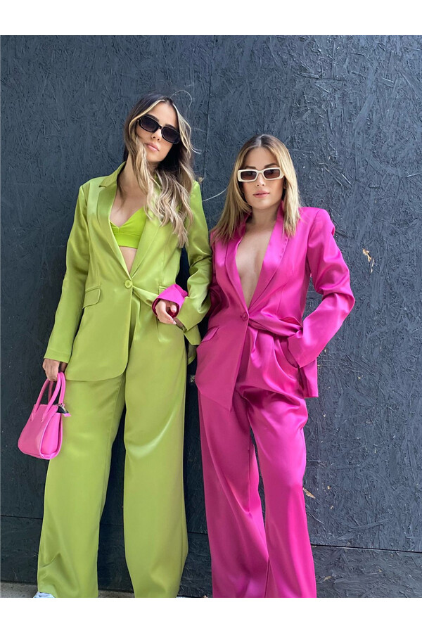 Kadın Saten Palazzo Pantolon Blazer Ceket Takım Açık Yeşil