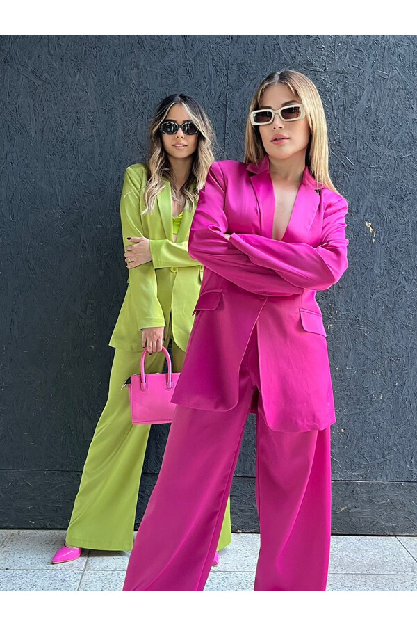 Kadın Saten Palazzo Pantolon Blazer Ceket Takım Açık Yeşil