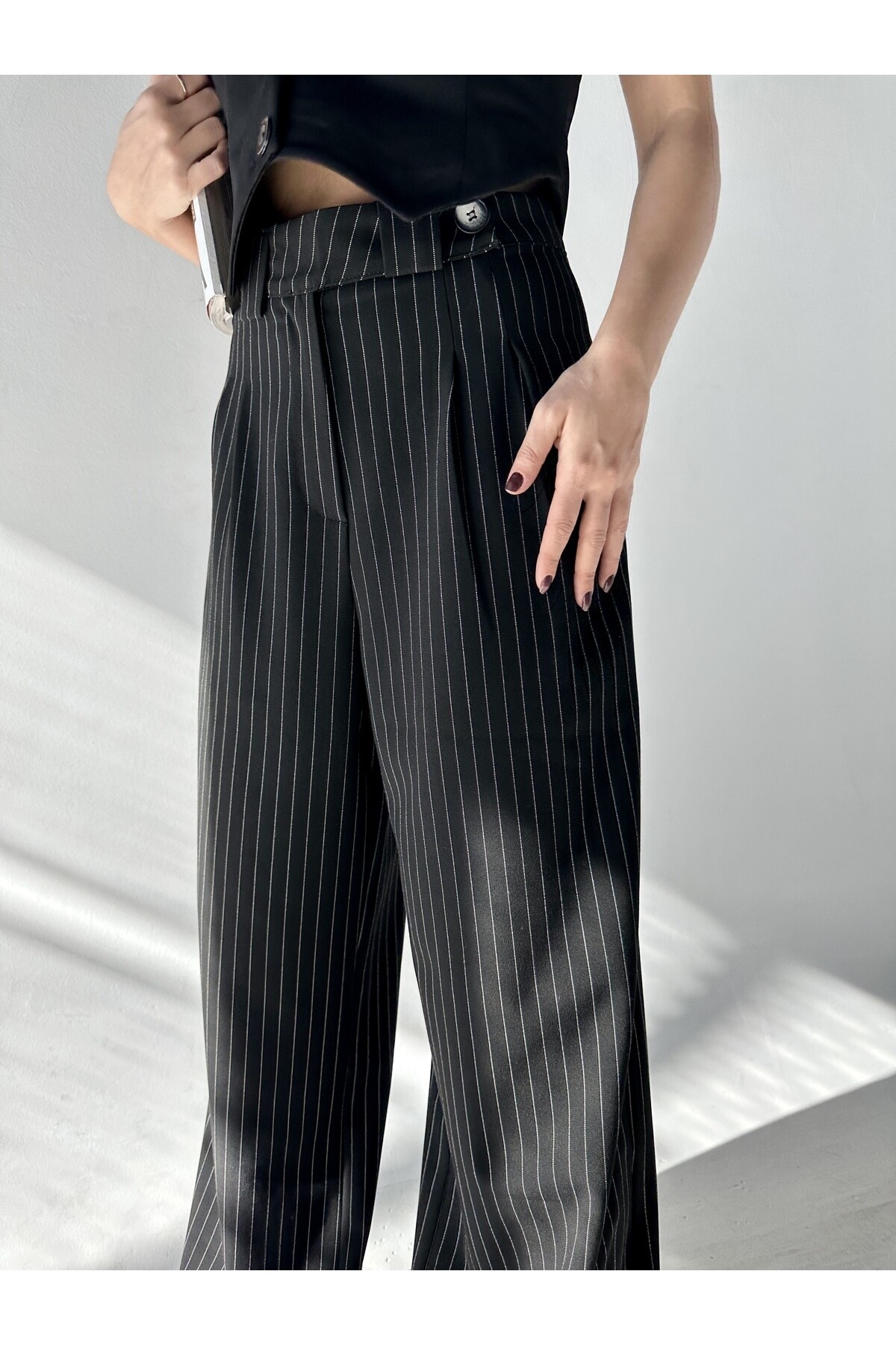 Kadın Siyah Çizgili Yandan Düğmeli Yüksek Bel Palazzo Pantolon