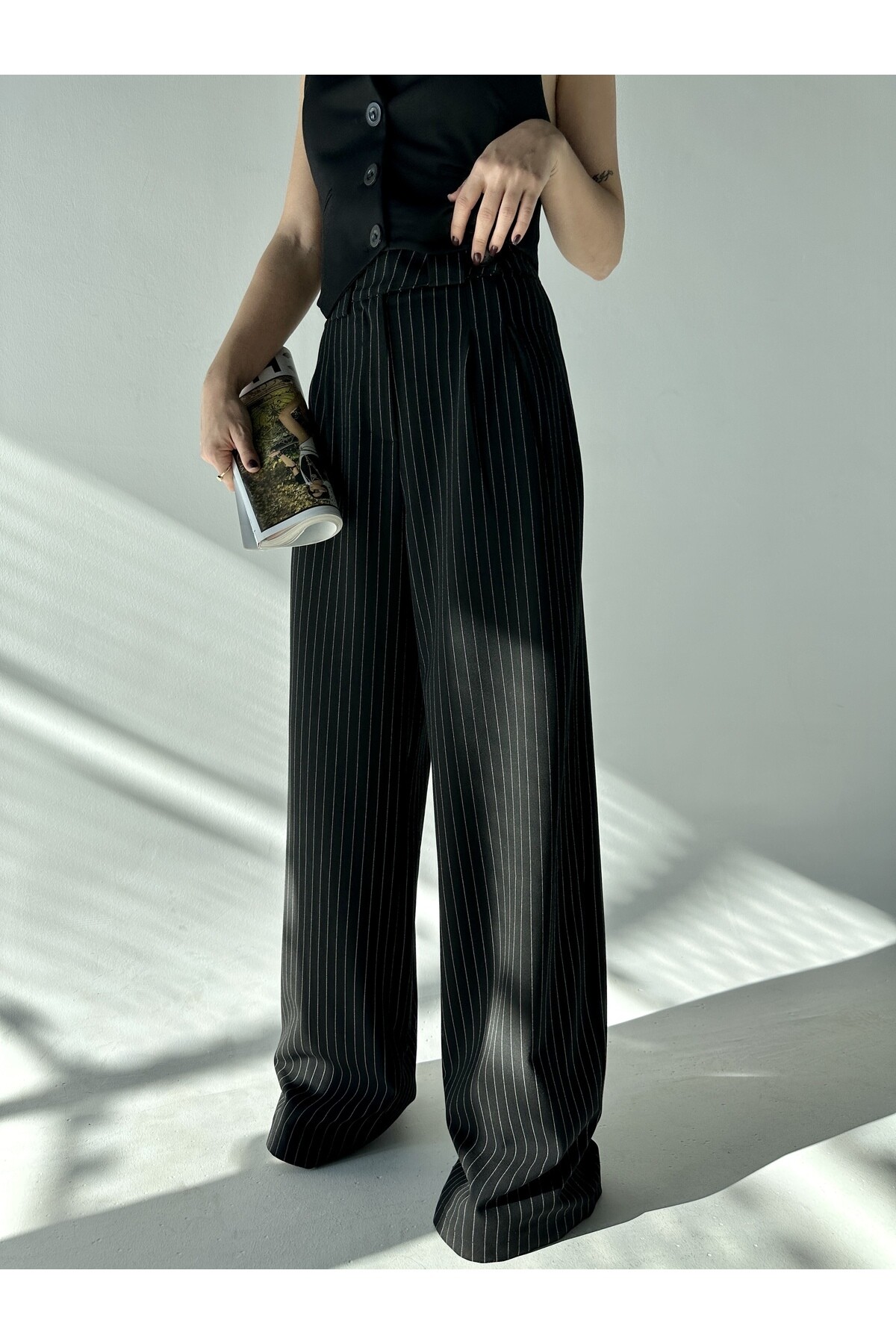 Kadın Siyah Çizgili Yandan Düğmeli Yüksek Bel Palazzo Pantolon