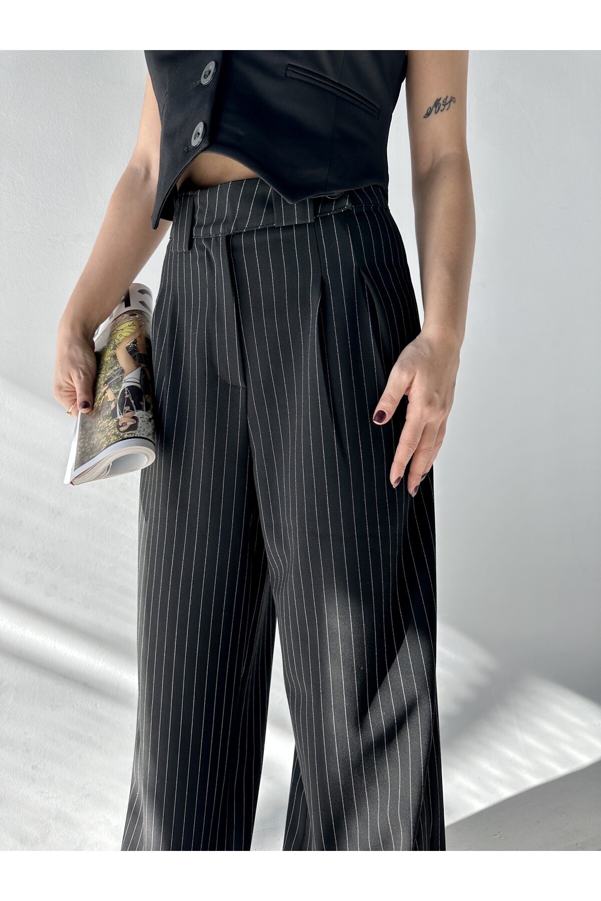Kadın Siyah Çizgili Yandan Düğmeli Yüksek Bel Palazzo Pantolon