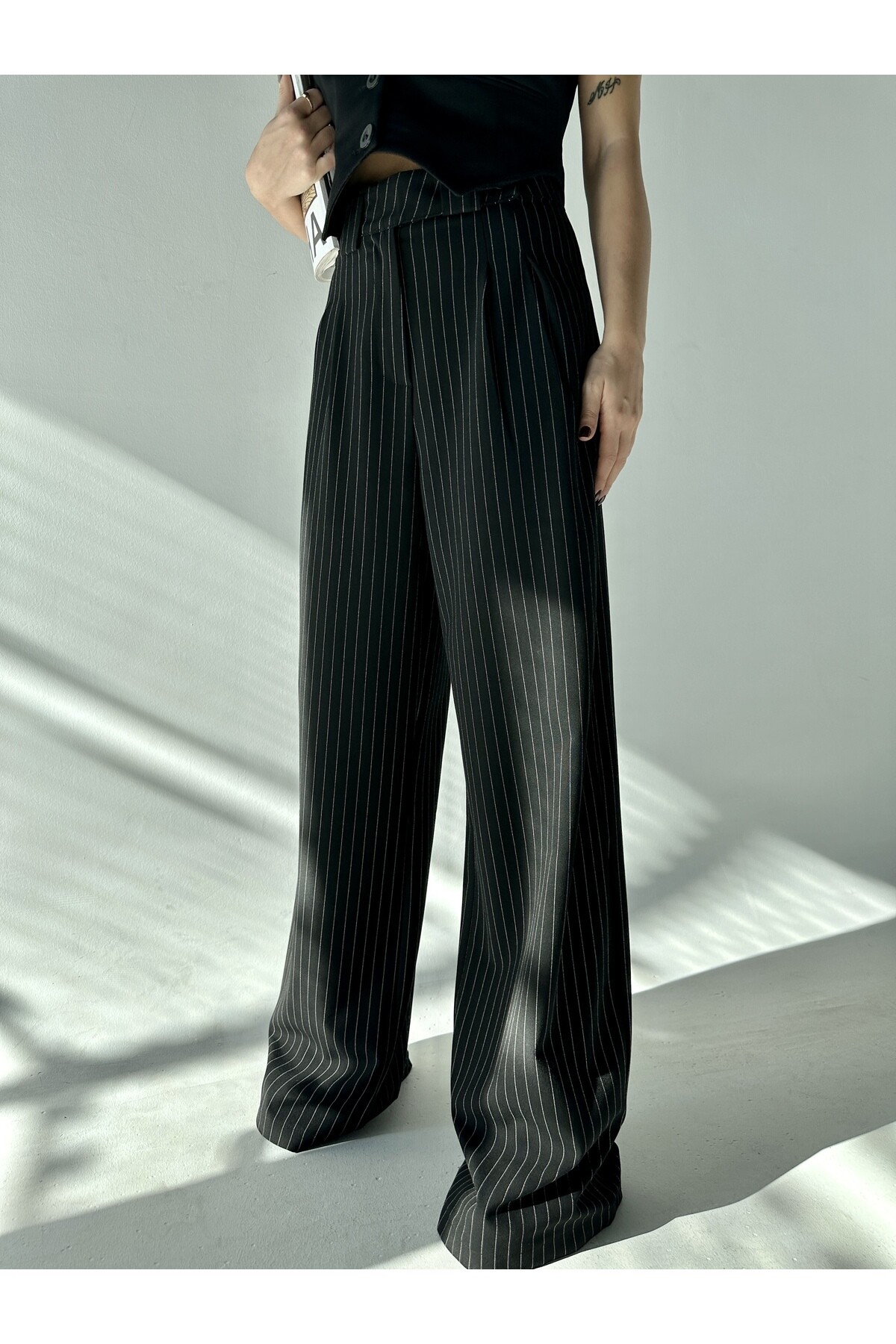 Kadın Siyah Çizgili Yandan Düğmeli Yüksek Bel Palazzo Pantolon