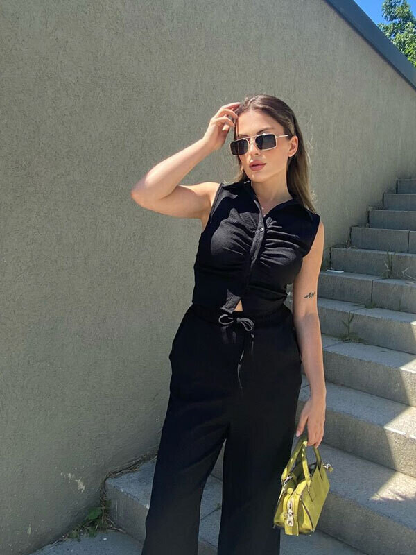 Kadın Siyah Drape Polo Yaka Bluz 