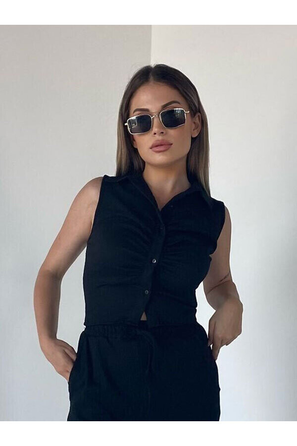 Kadın Siyah Drape Polo Yaka Bluz 