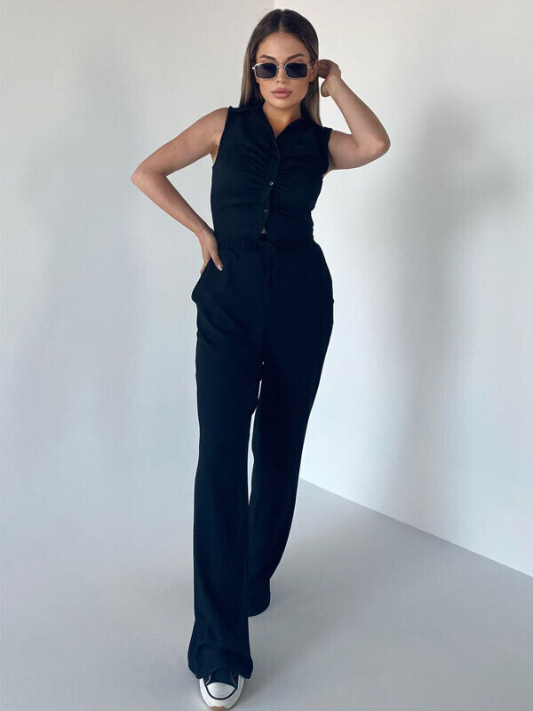 Kadın Siyah Yüksek Bel Beli Lastikli Bürümcük Bol Paça Pantolon 