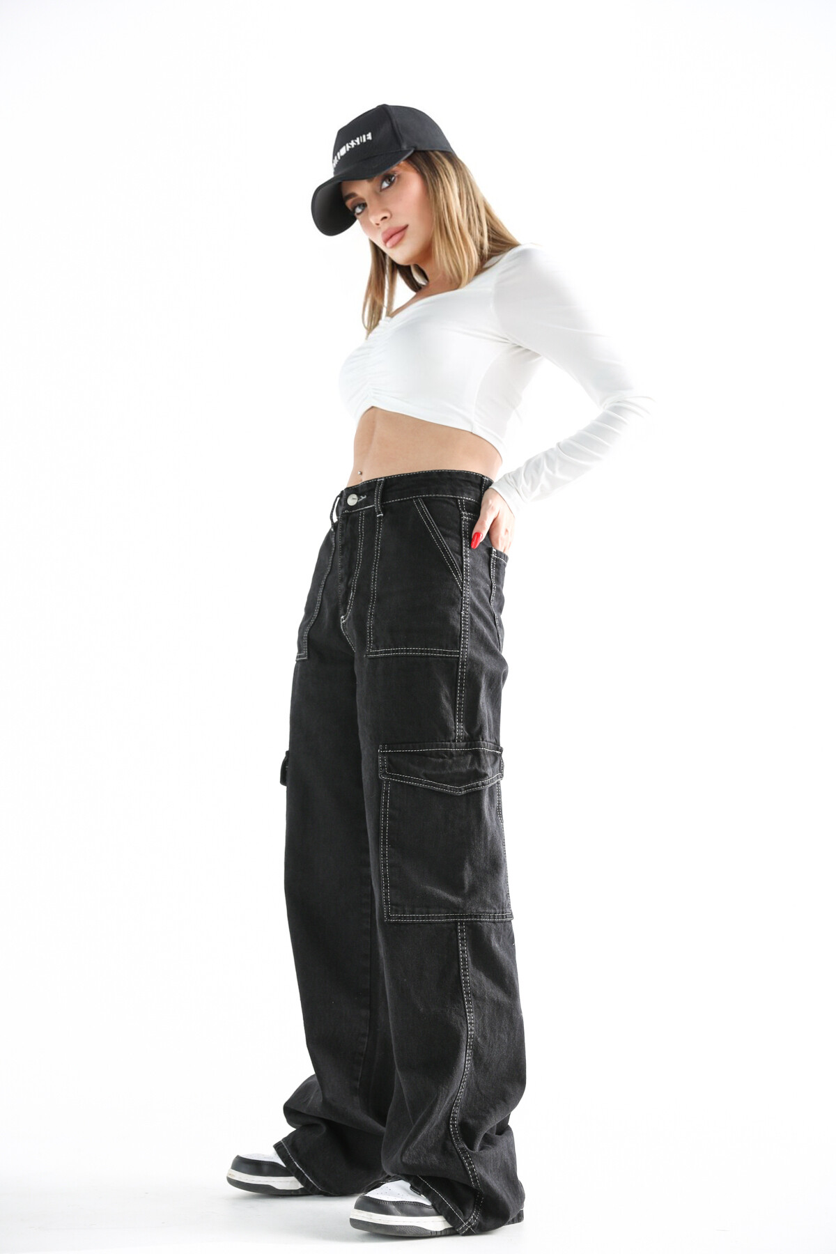 Kadın Yüksek Bel Kargo Cep Jean Siyah