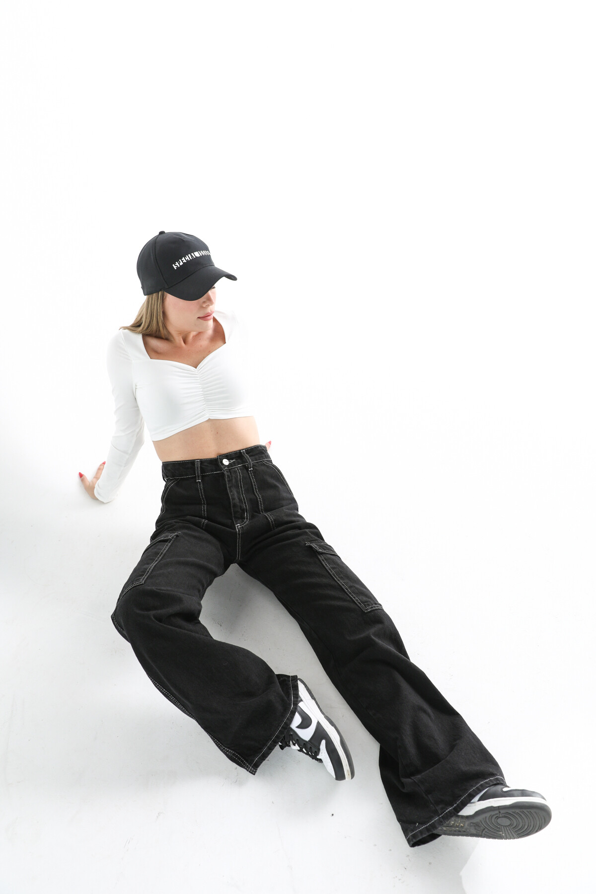 Kadın Yüksek Bel Kargo Cep Jean Siyah