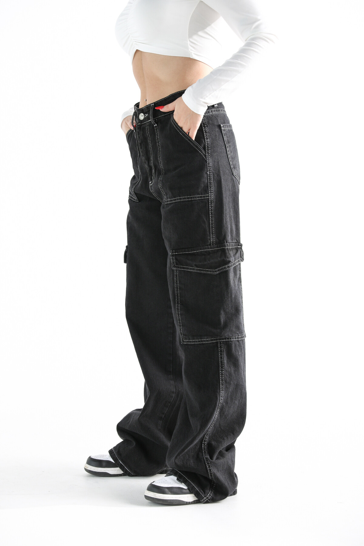 Kadın Yüksek Bel Kargo Cep Jean Siyah