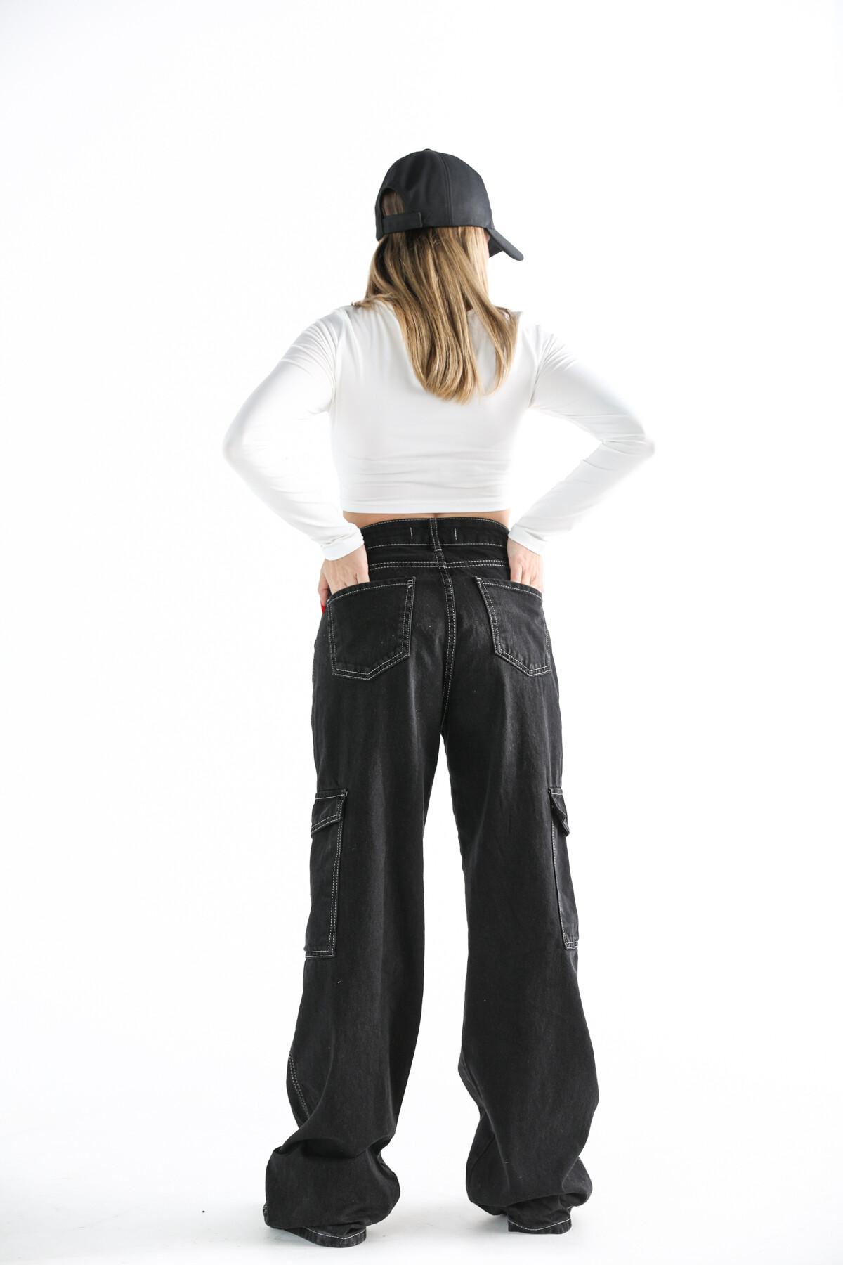 Kadın Yüksek Bel Kargo Cep Jean Siyah