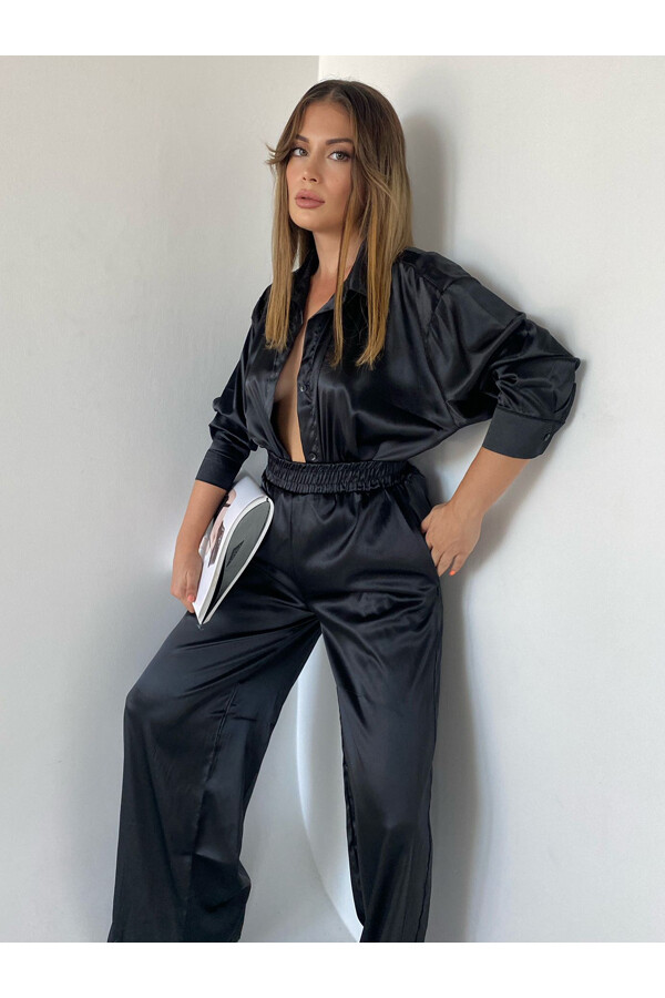 Kadın Siyah Yüksek Bel Lastikli Gömlek Bol Paça Pantolon Takım 