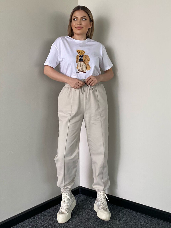 Kadın Taş Rengi Belli Lastikli Gabardin Pantolon 