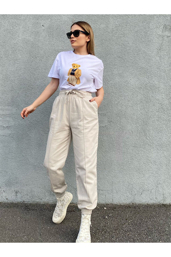 Kadın Taş Rengi Belli Lastikli Gabardin Pantolon 