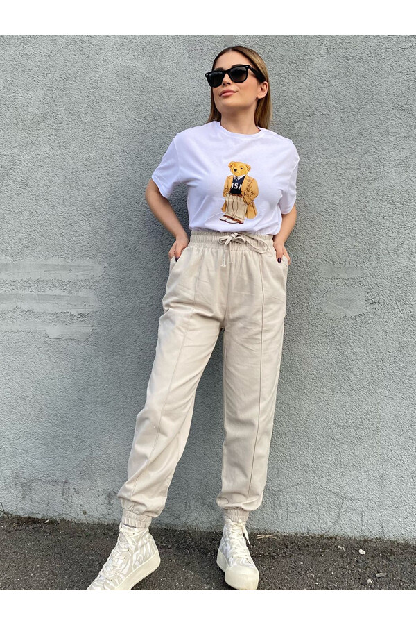 Kadın Taş Rengi Belli Lastikli Gabardin Pantolon 
