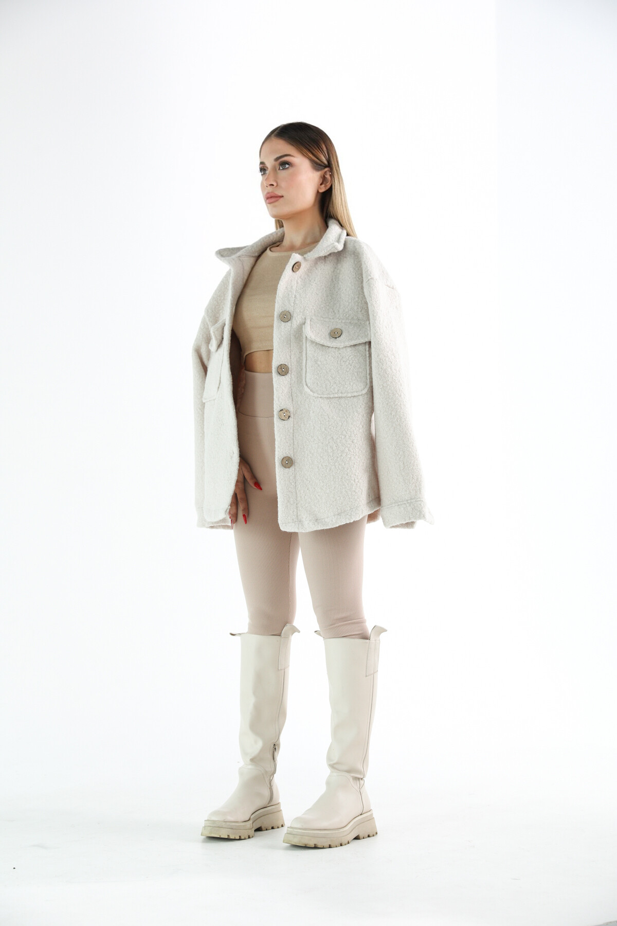 Kadın Taş Rengi Oversize Buklet Kumaş Ceket Taş