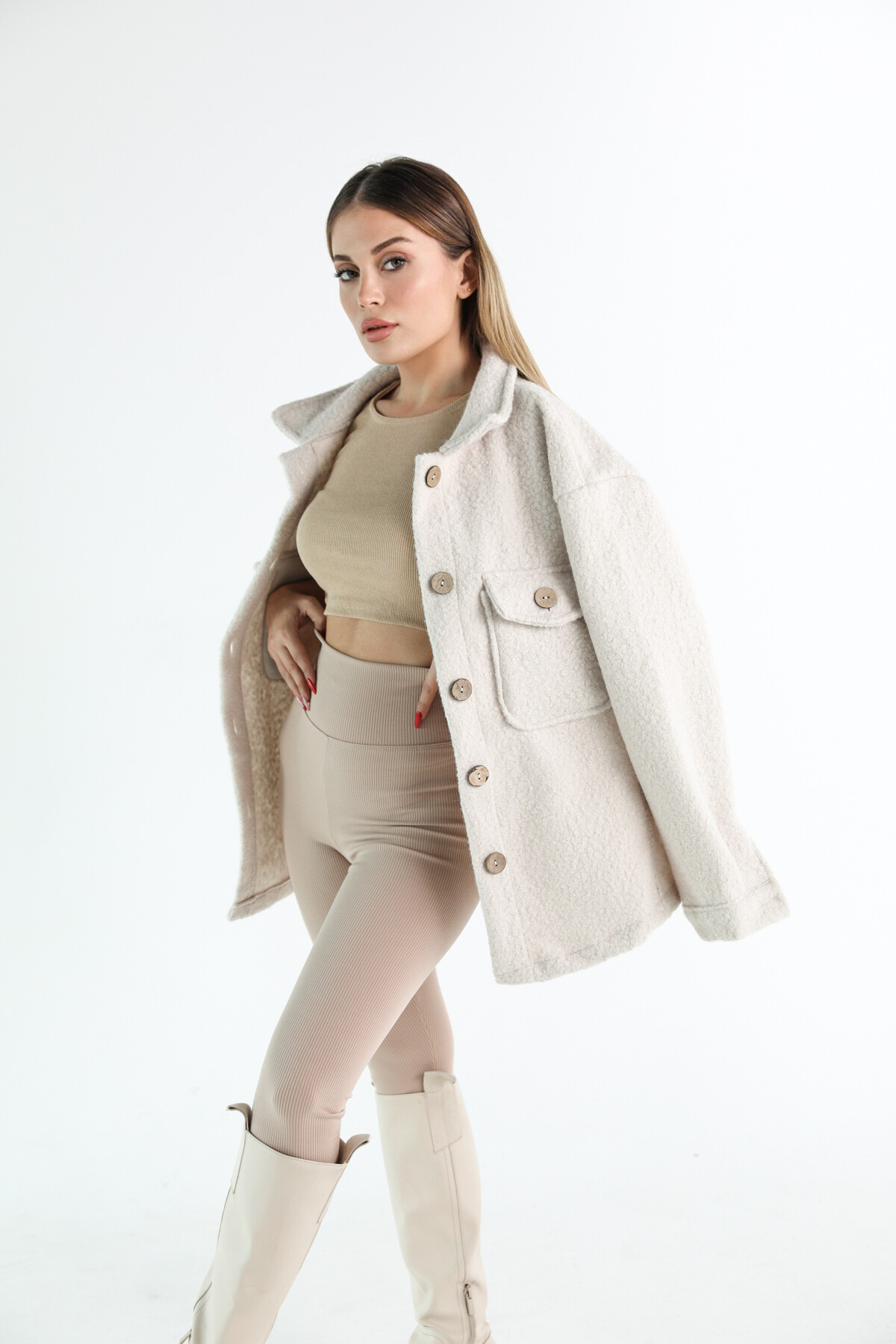 Kadın Taş Rengi Oversize Buklet Kumaş Ceket Taş