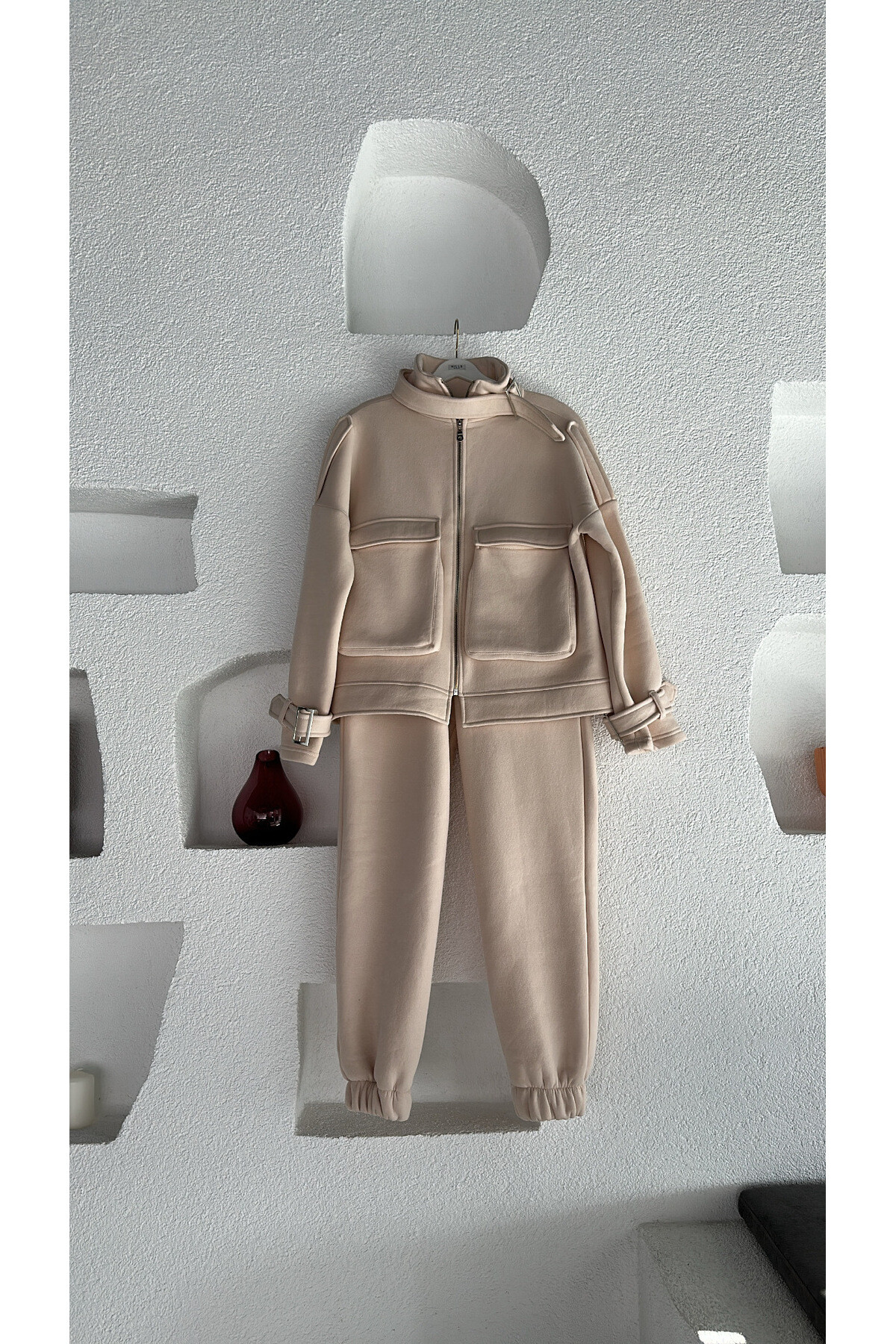 Kadın Taş Rengi Yaka Tokalı Premium Sardonlu Eşofman Takımı