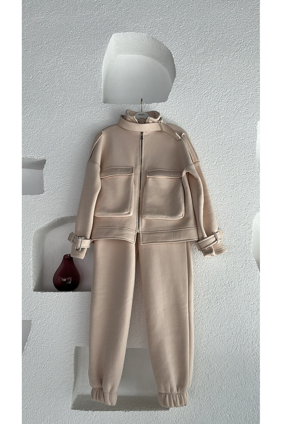 Kadın Taş Rengi Yaka Tokalı Premium Sardonlu Eşofman Takımı