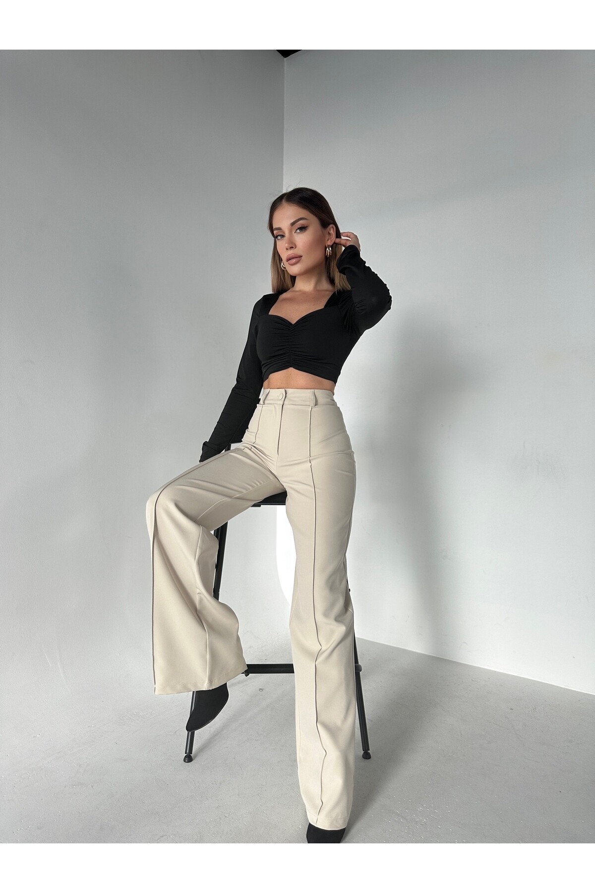 Kadın Taş Rengi Yüksek Bel Palazzo Pantolon  Taş