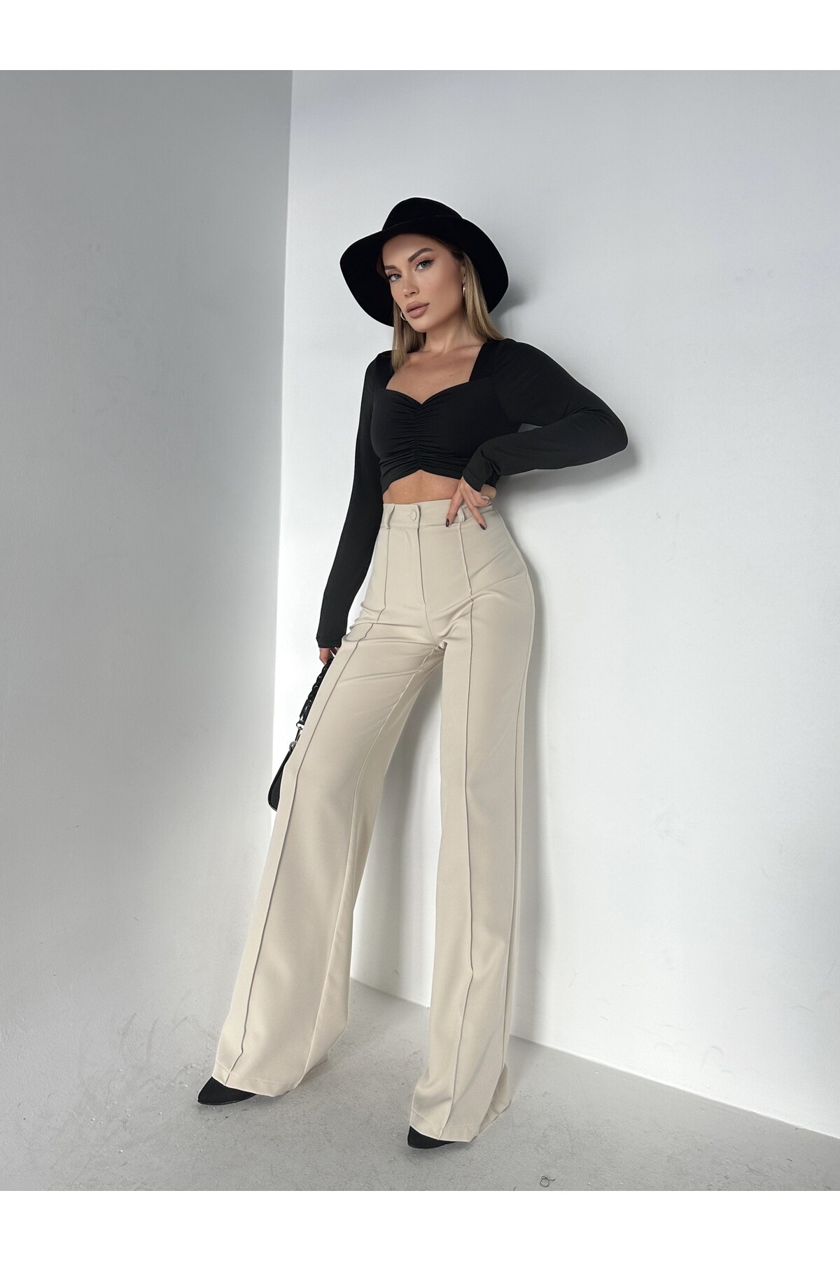 Kadın Taş Rengi Yüksek Bel Palazzo Pantolon  Taş