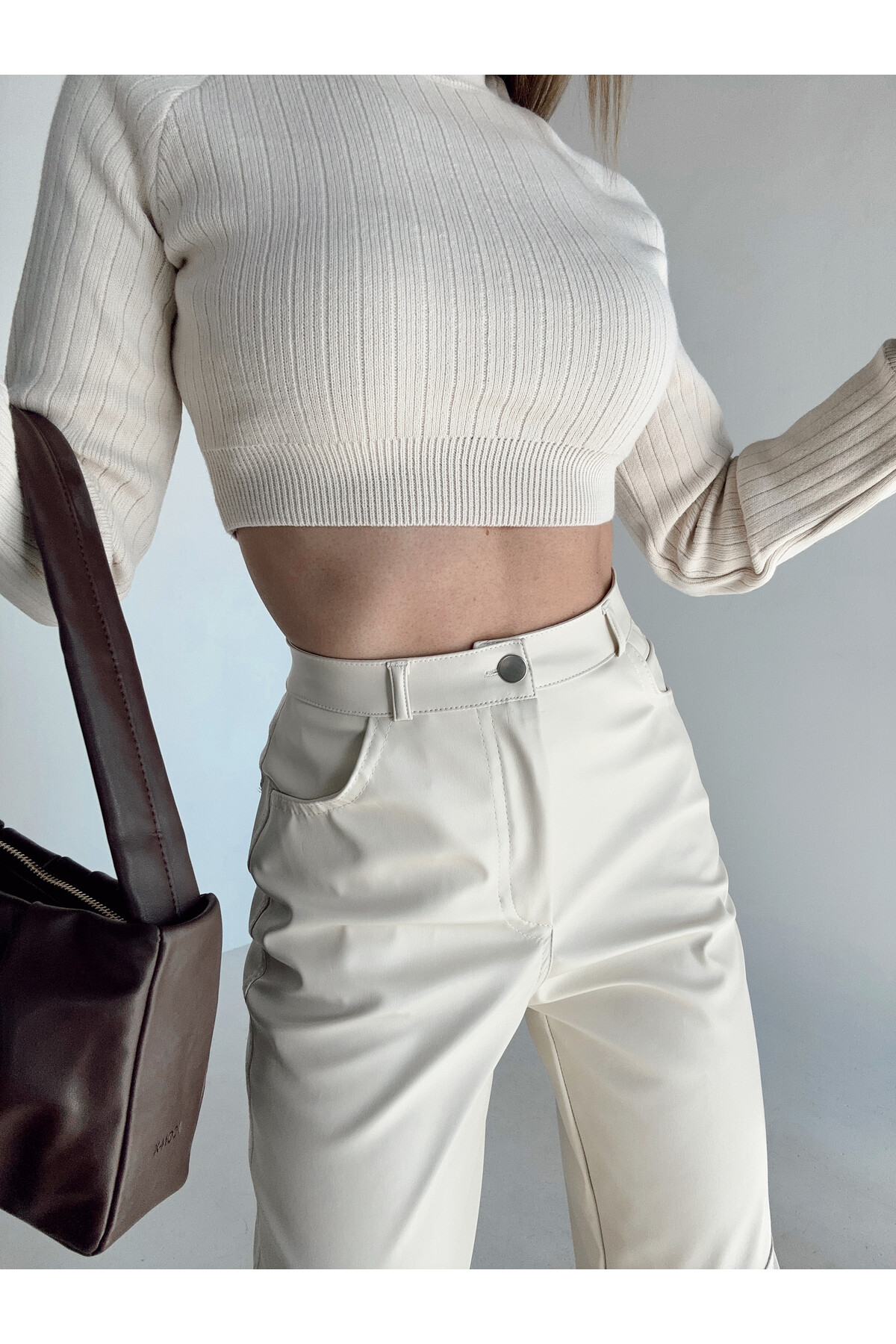 Kadın Taş Yüksek Bel İçi Şardonlu Deri Pantolon  Taş