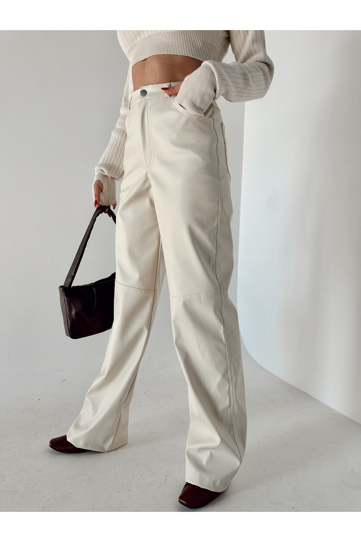 Kadın Taş Yüksek Bel İçi Şardonlu Deri Pantolon  Taş