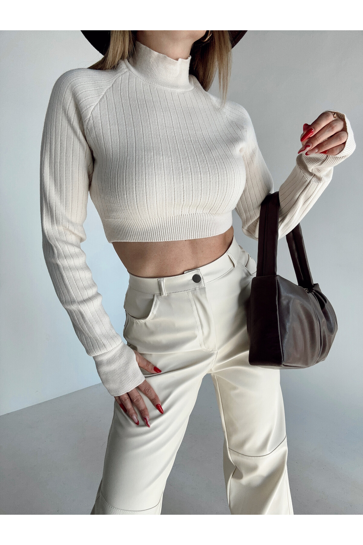 Kadın Taş Yüksek Bel İçi Şardonlu Deri Pantolon  Taş