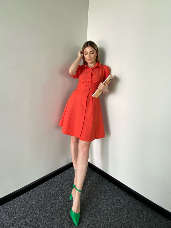 Kadın Turuncu Poplin Kumaş Balon Kol Elbise Turuncu