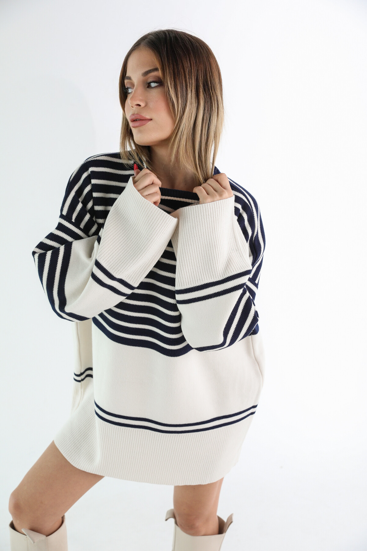 Kadın Yarı Çizgili Lacivert Yarım Balıkçı Triko Kazak Lacivert