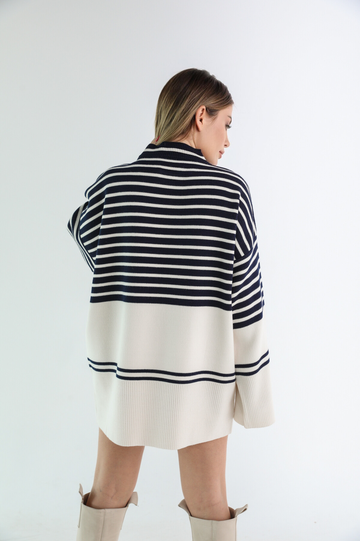 Kadın Yarı Çizgili Lacivert Yarım Balıkçı Triko Kazak Lacivert