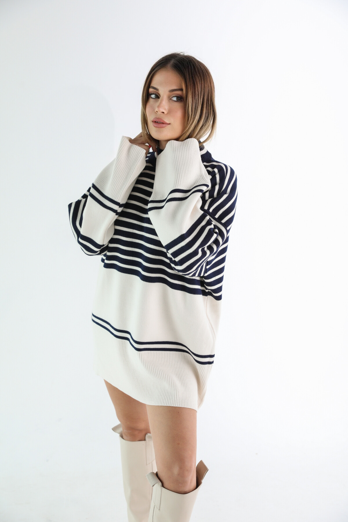 Kadın Yarı Çizgili Lacivert Yarım Balıkçı Triko Kazak Lacivert