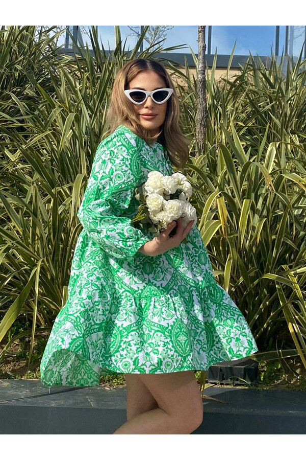 Kadın Yeşil Desenli Poplin Kumaş Elbise 