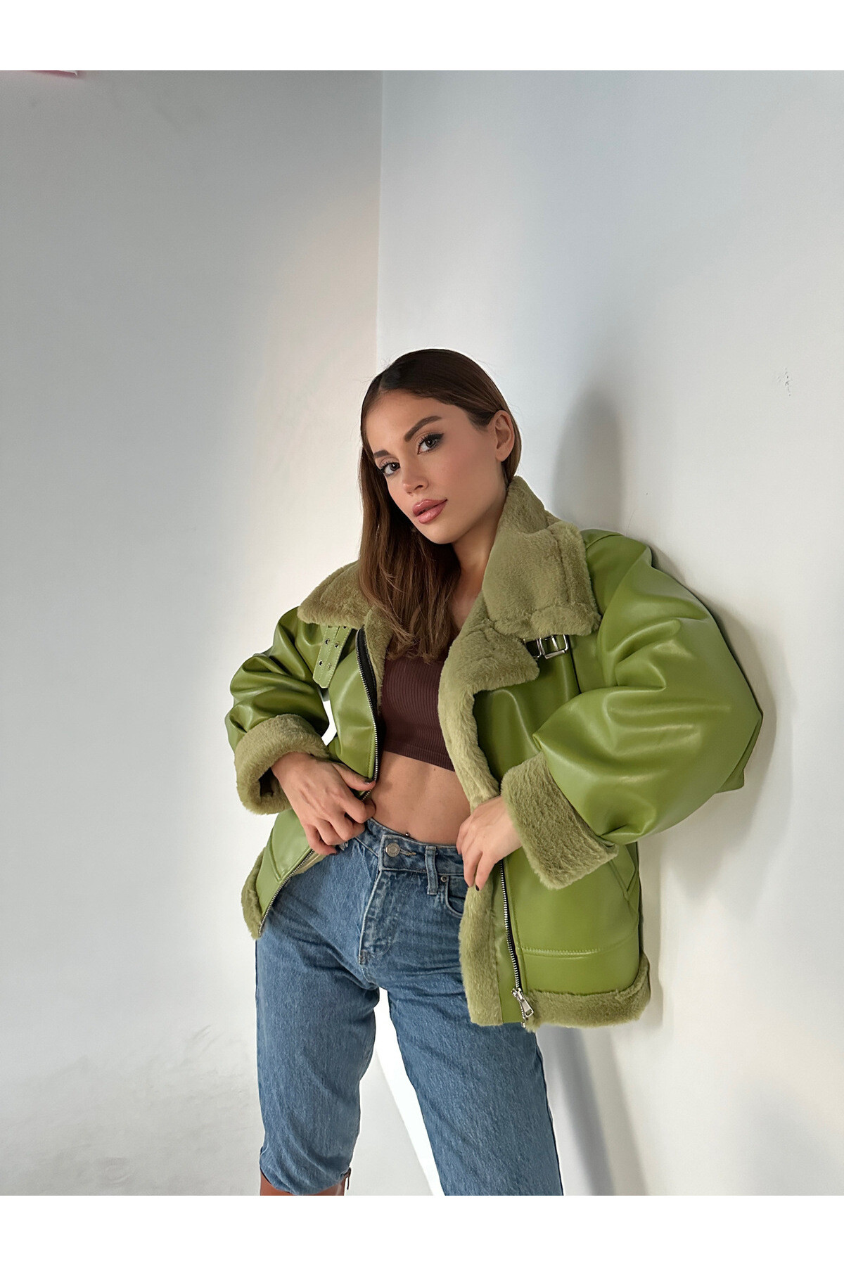 Kadın Yeşil İçi Ful Kürklü İthal Deri Balon Kol Mont  Yeşil
