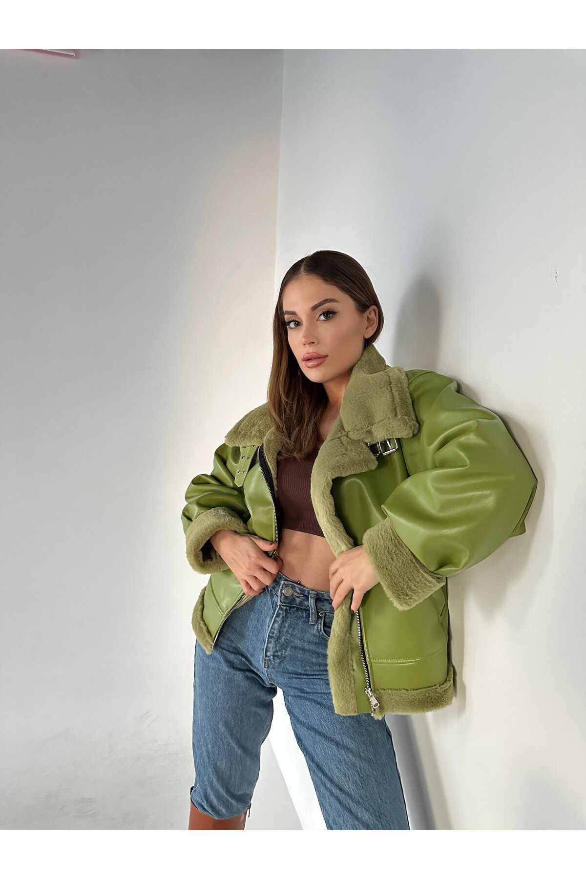 Kadın Yeşil İçi Ful Kürklü İthal Deri Balon Kol Mont  Yeşil