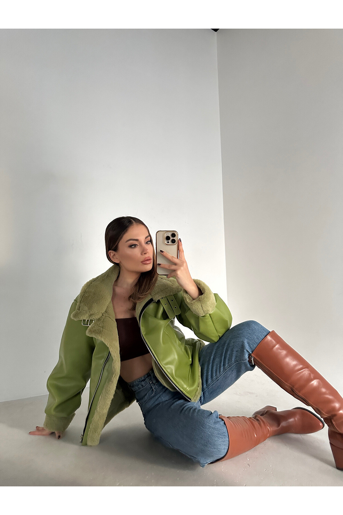 Kadın Yeşil İçi Ful Kürklü İthal Deri Balon Kol Mont  Yeşil