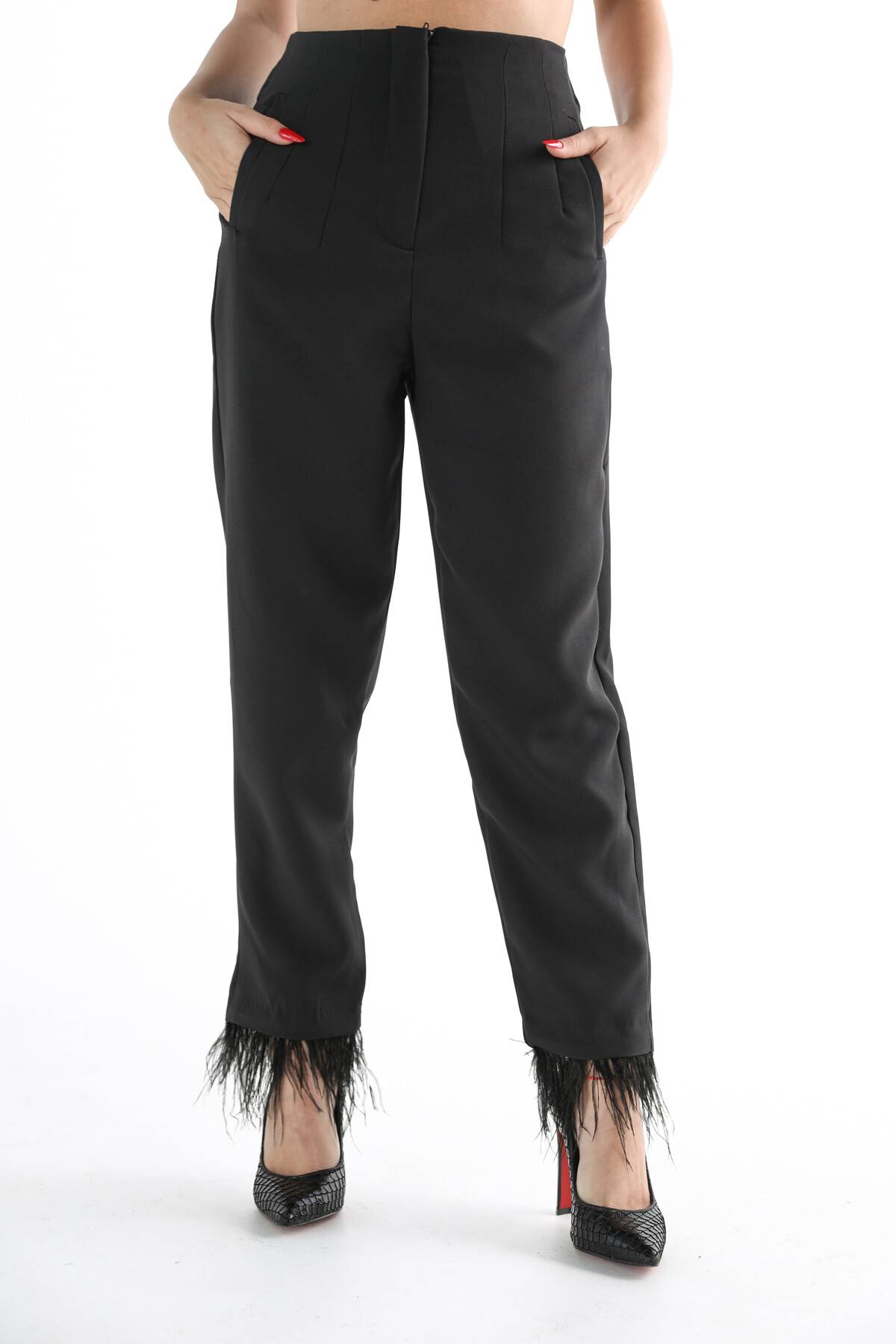 Kadın  Yüksek Bel Astarlı Püskül Detay Blazer Ceket Takım Siyah