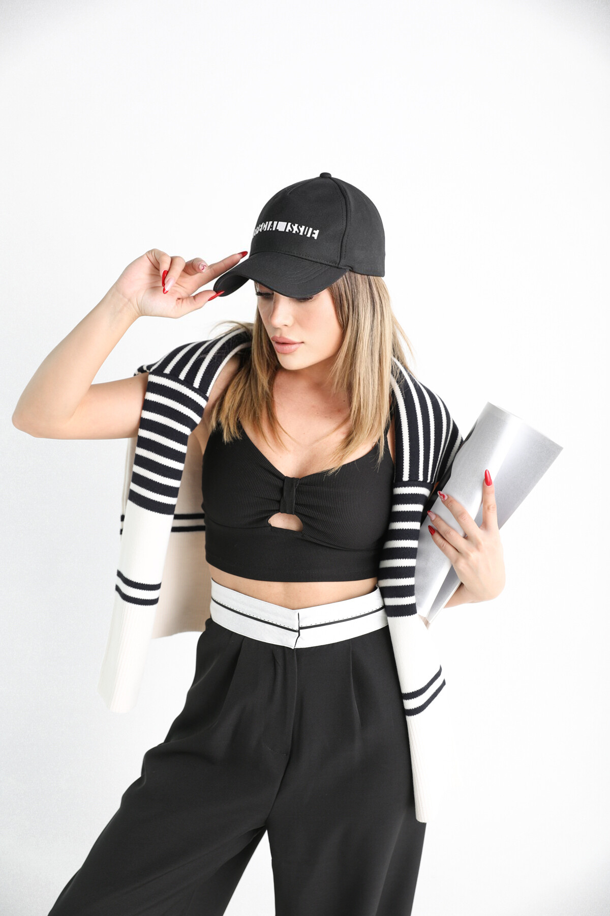 Kadın Yüksek Bel Atlas Beli Şeritli Palazzo Pantolon Siyah