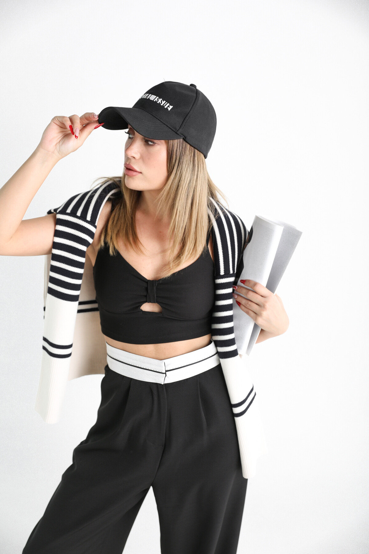 Kadın Yüksek Bel Atlas Beli Şeritli Palazzo Pantolon Siyah