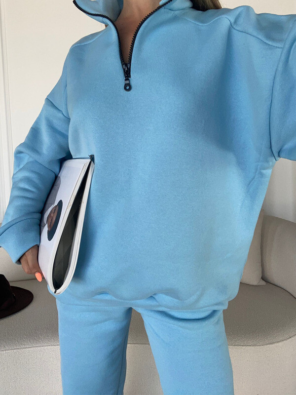 Kadın Yüksek Bel Lastikli 3 İplik Şardonlu Eşofman Takımı Açık Mavi