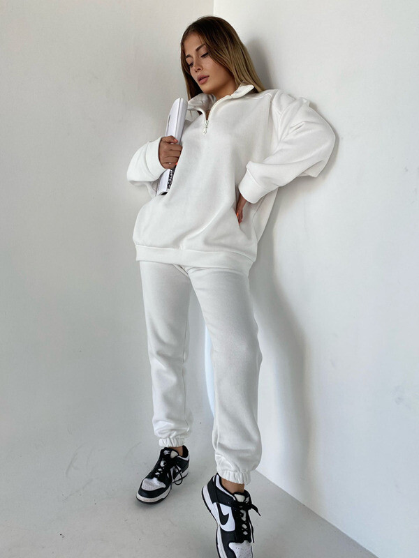 Kadın Yüksek Bel Lastikli 3 İplik Şardonlu Eşofman Takımı Beyaz