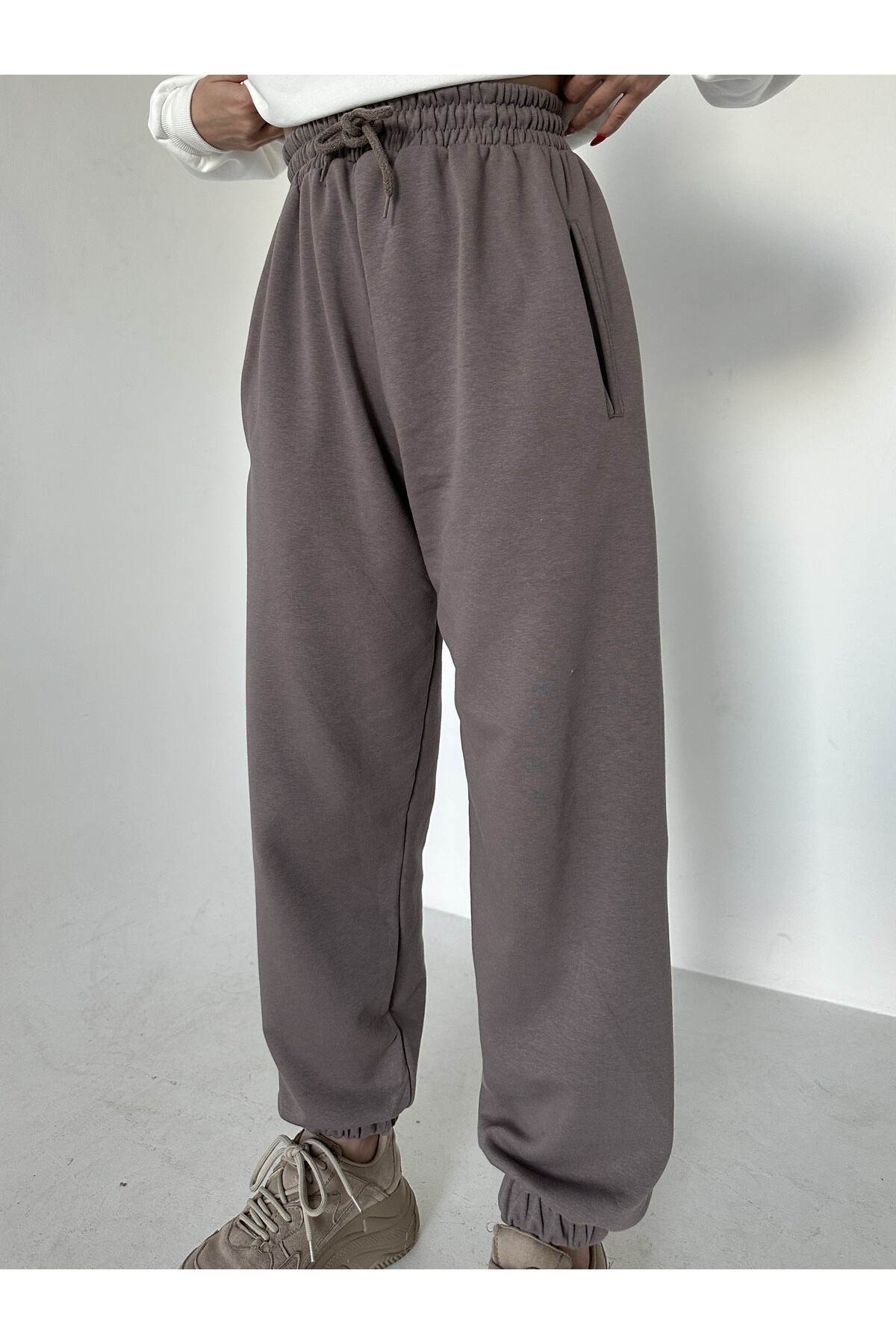 Kadın Yüksek Bel Lastikli Şalvar Pantolon Eşofman  Vizon