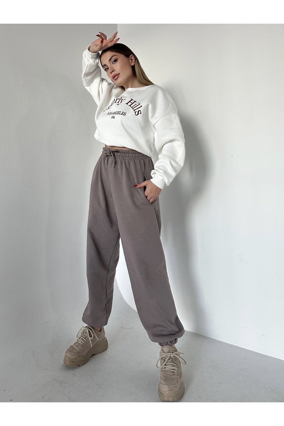 Kadın Yüksek Bel Lastikli Şalvar Pantolon Eşofman  Vizon