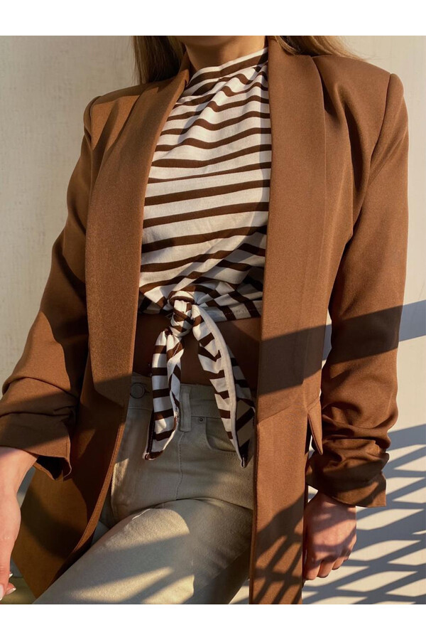 Kahverengi Astarlı Kolları Büzgülü Blazer Ceket 