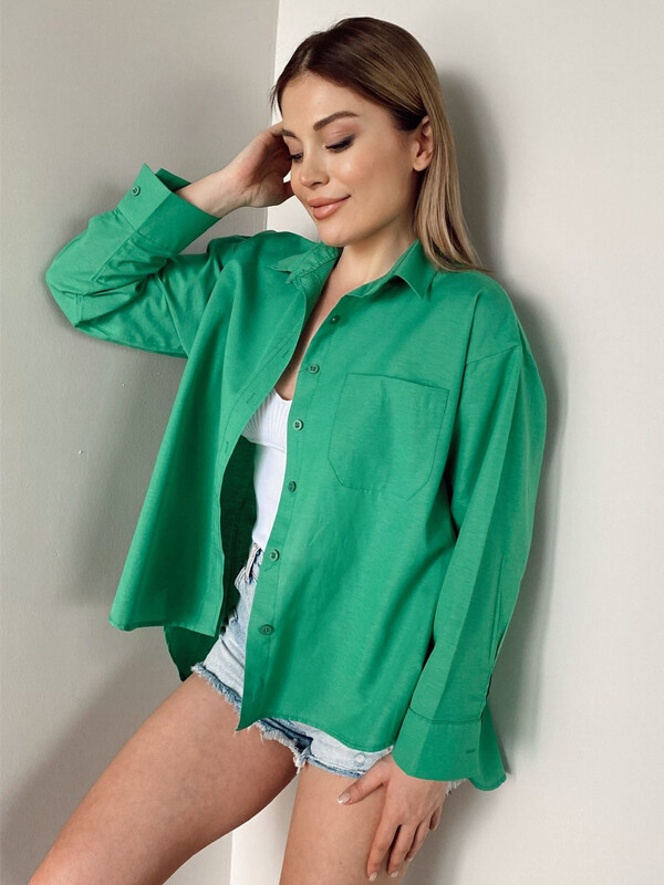 keten Karışımlı Poplin Gömlek Yeşil