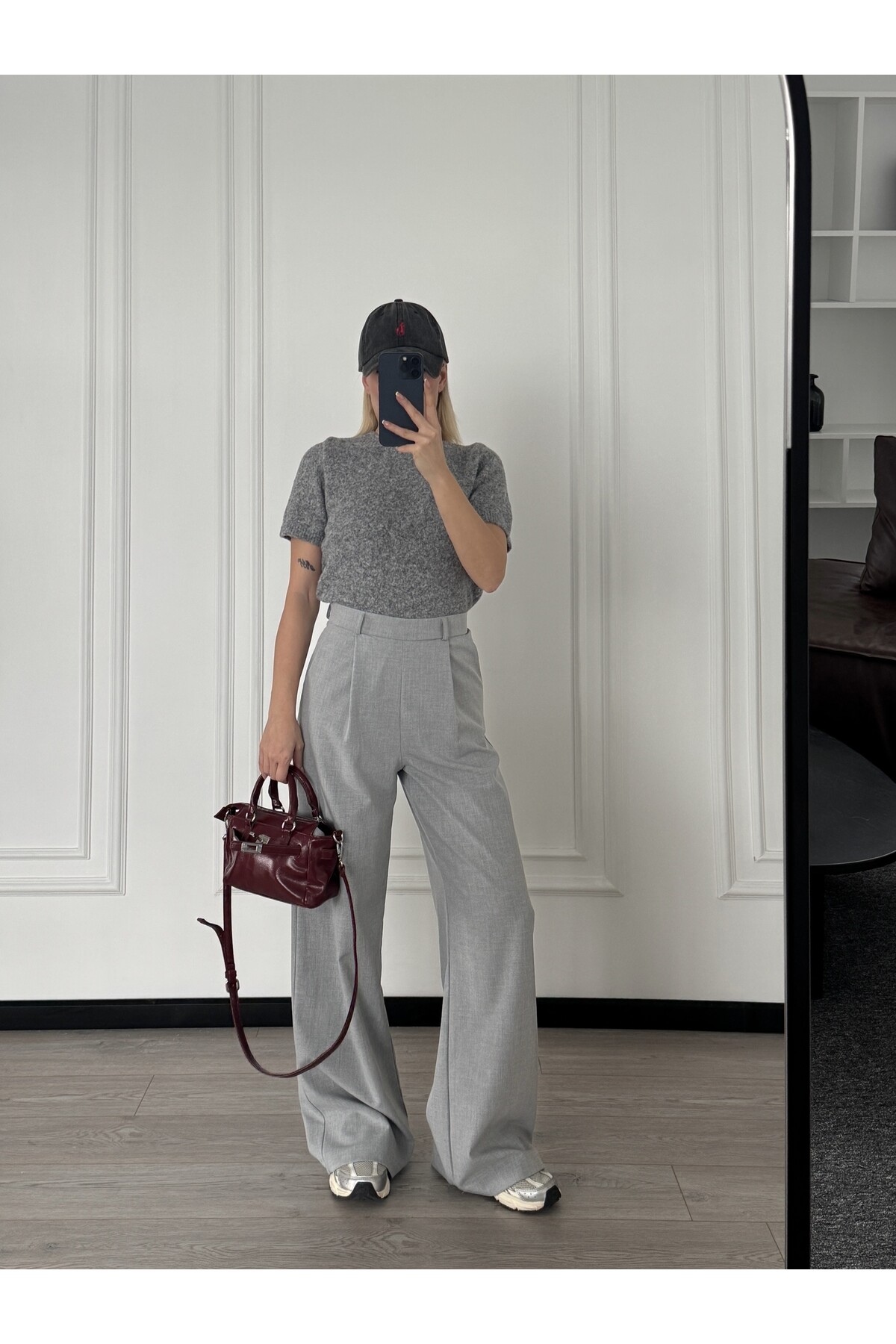 Açık Gri Poliviskon Kumaş Pileli Palazzo Kesim Pantolon