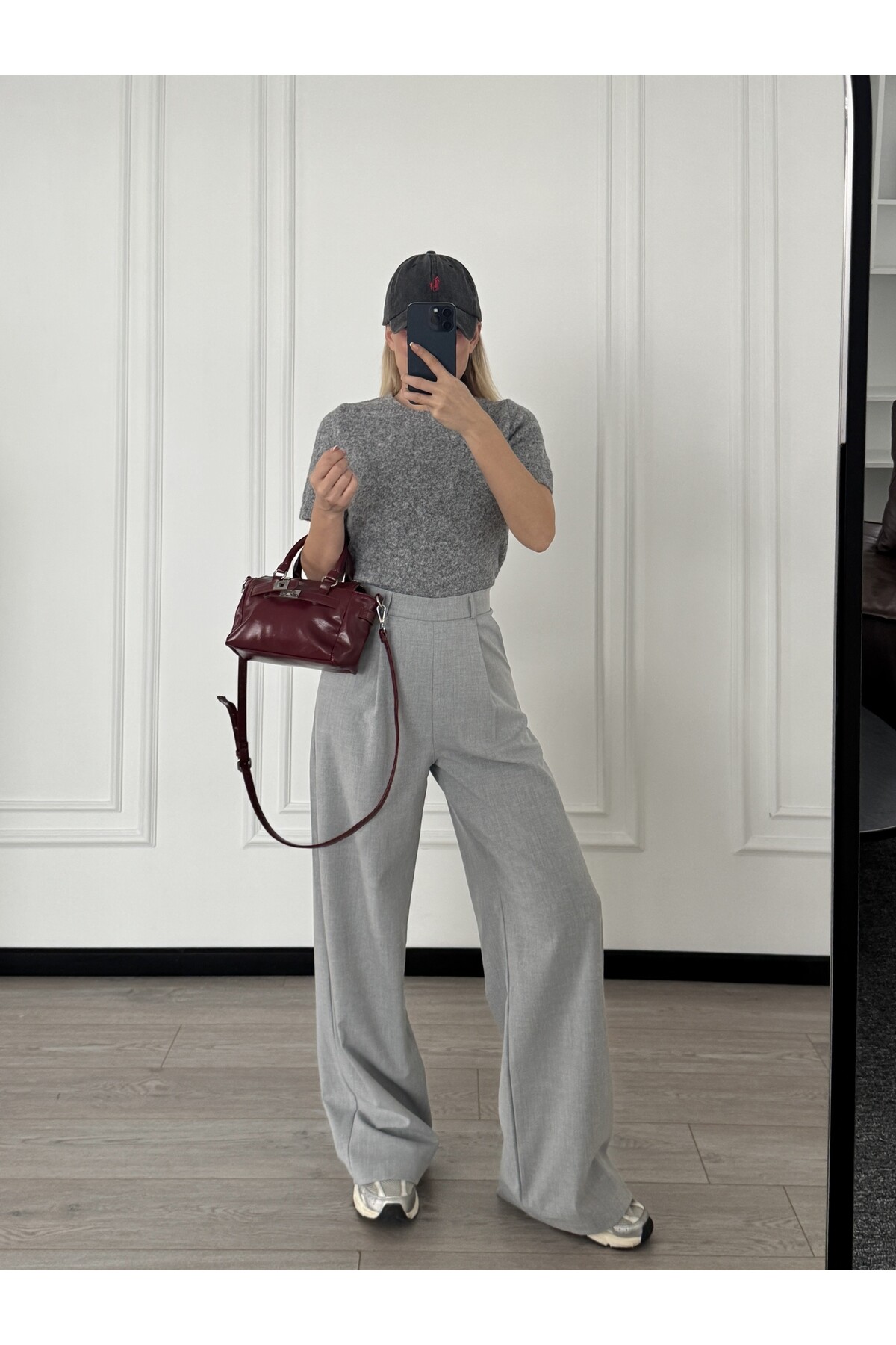 Açık Gri Poliviskon Kumaş Pileli Palazzo Kesim Pantolon