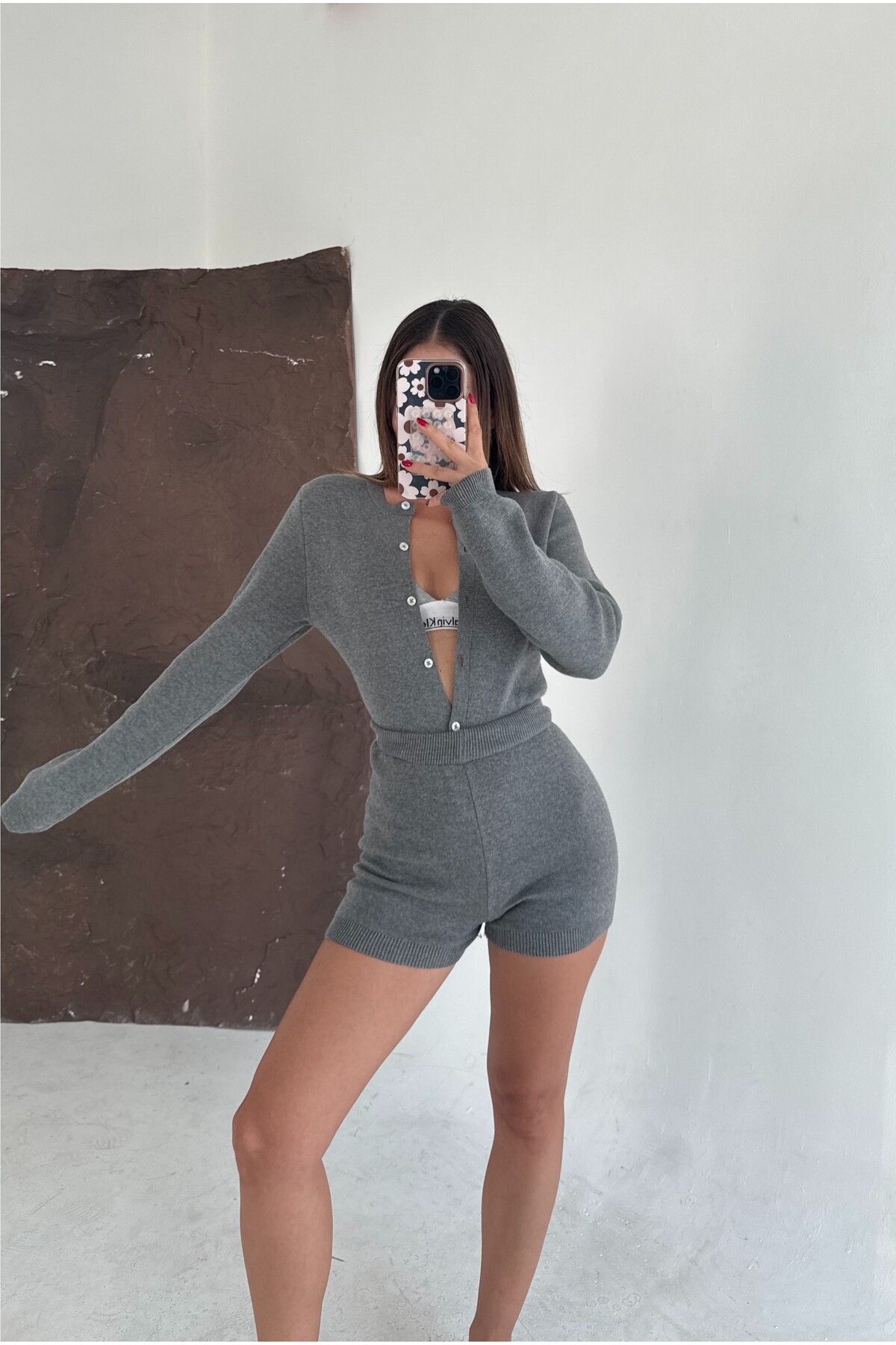 Antrasit bodysuit hırka şort triko ikili takım